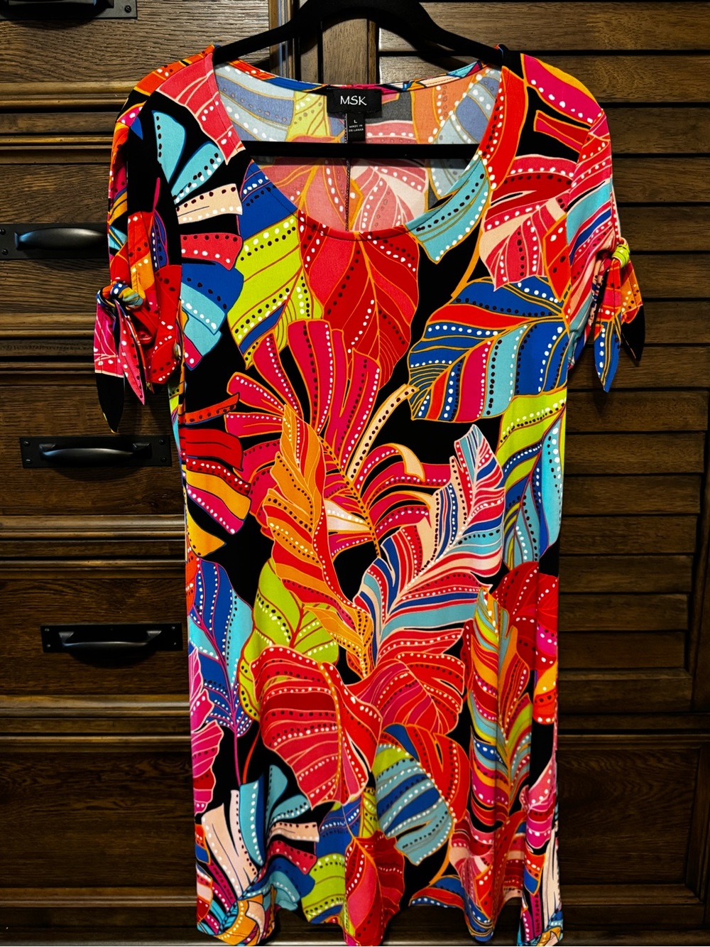MSK Multicolor Tropical Leaf Midi Dress — Red, Blue, Yellow, Green, Pink